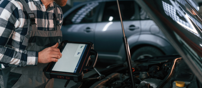Técnico usando tablet para diagnóstico del vehículo
